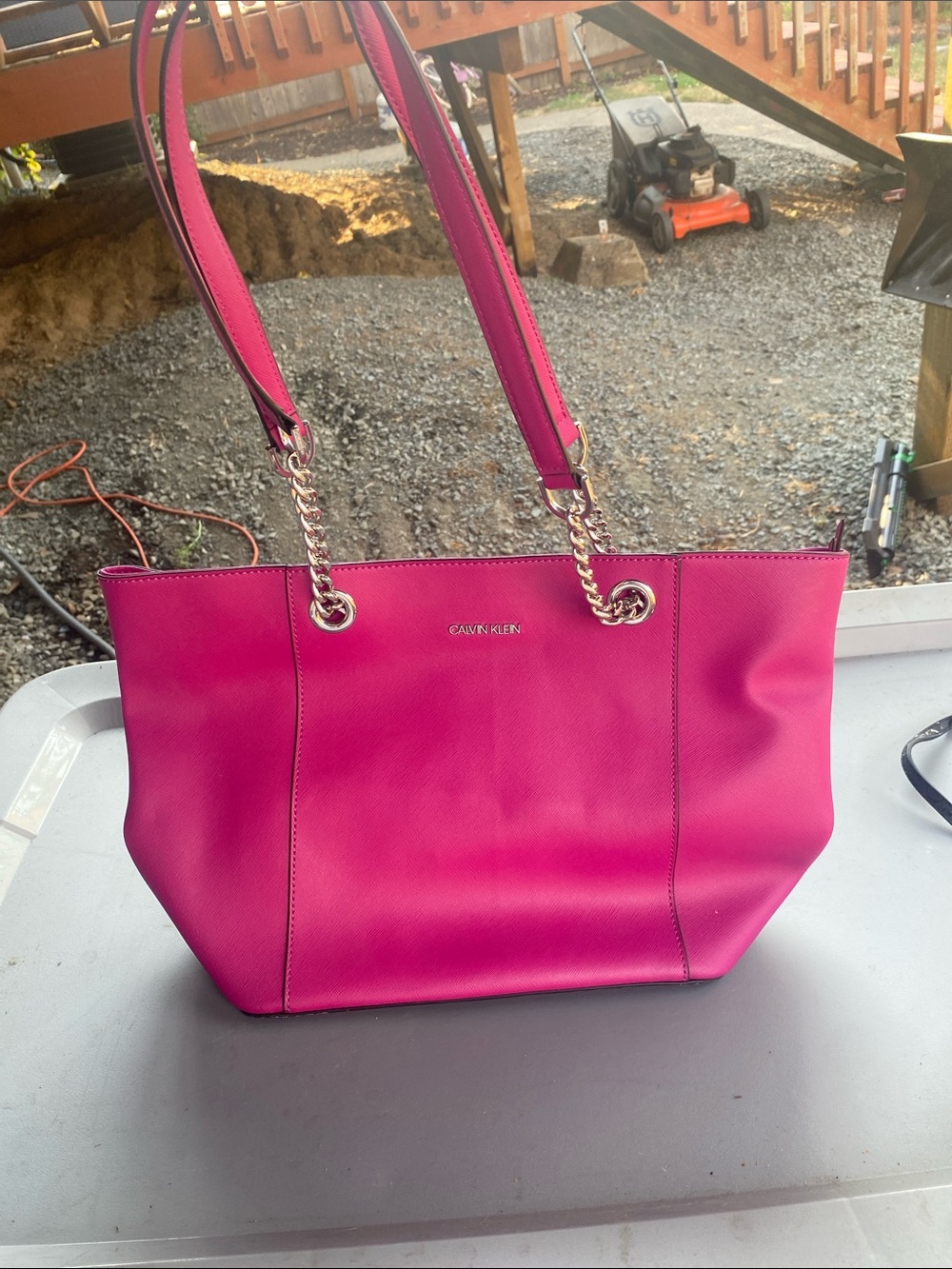 Calvin Klein Hot Pink Tote with Chain-Accent Straps